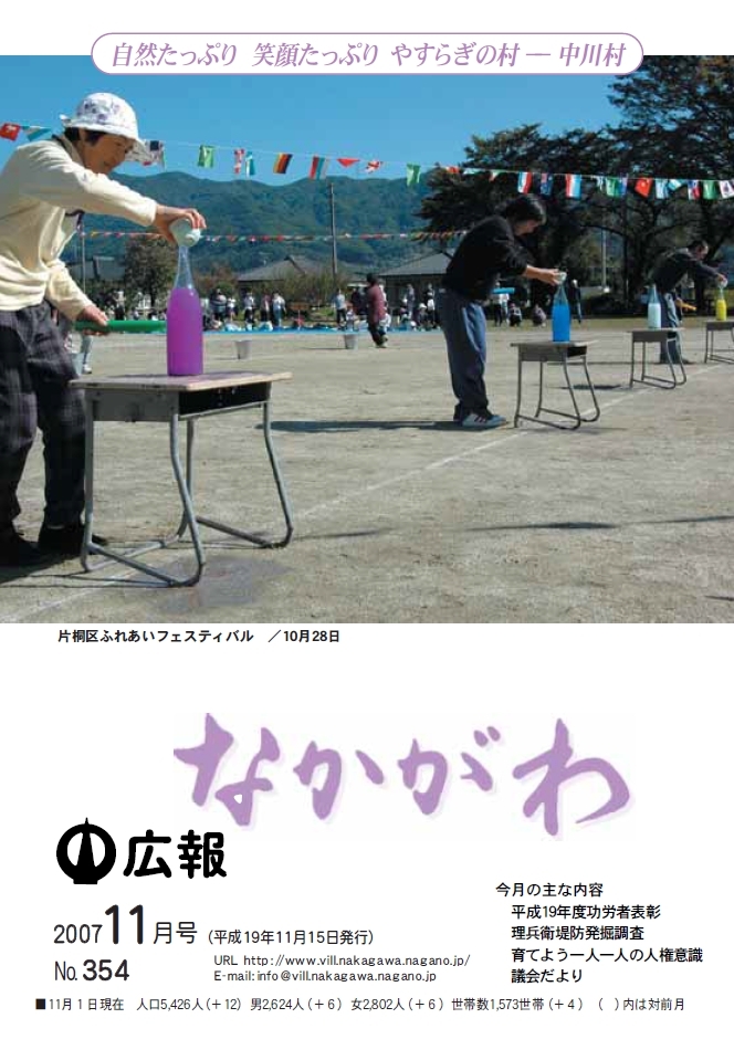 広報なかがわ2007年11月号表紙、片桐区ふれあいフェスティバル、水くみ競争の写真です