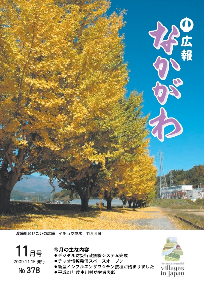 広報なかがわ2009年11月号表紙、渡場地区の満開のイチョウ並木の写真です