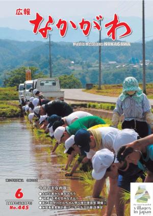 広報なかがわ2015年６月号表紙、西小学校の生徒が一列になって田植をしている写真です